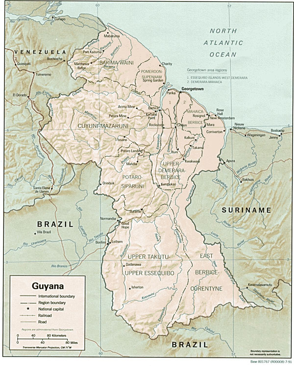 Large detailed relief and political map of Guyana with cities.