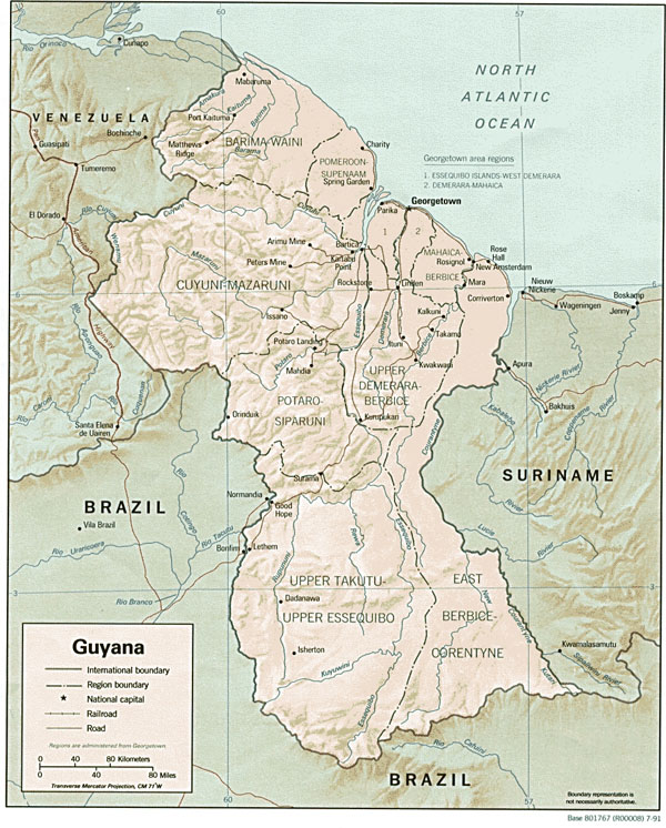 Large detailed relief and political map of Guyana with cities. Guyana large relief and political map with cities. Large detailed relief and political map of Guyana with cities.