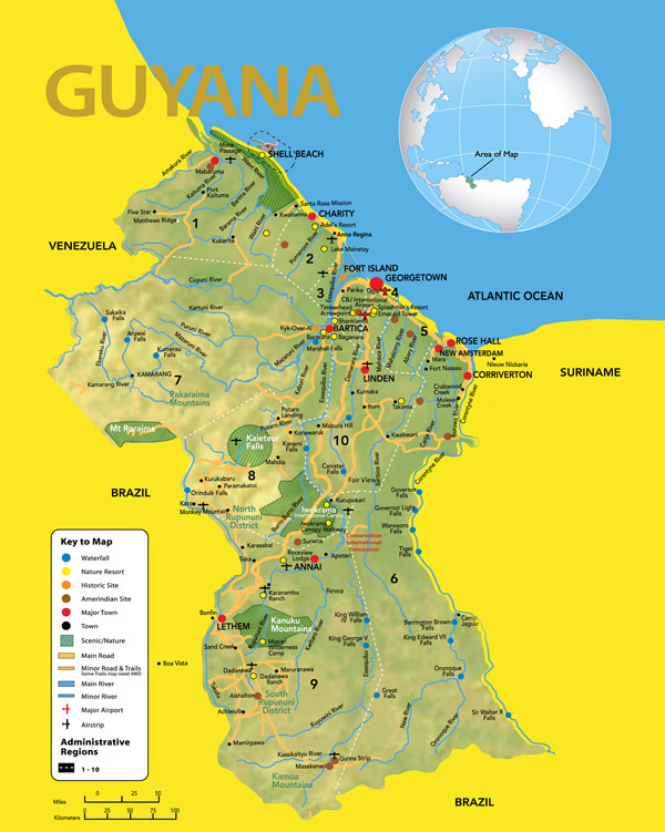 Large detailed travel map of Guyana. Guyana large detailed travel map.