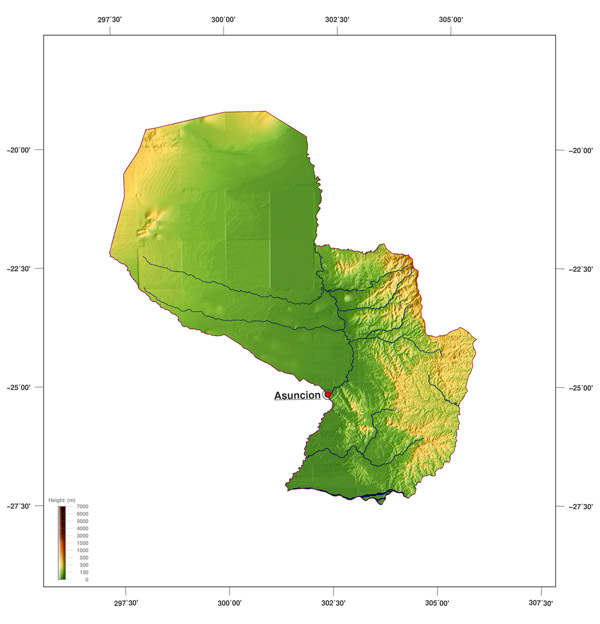 Detailed physical map of Paraguay. Paraguay detailed physical map.