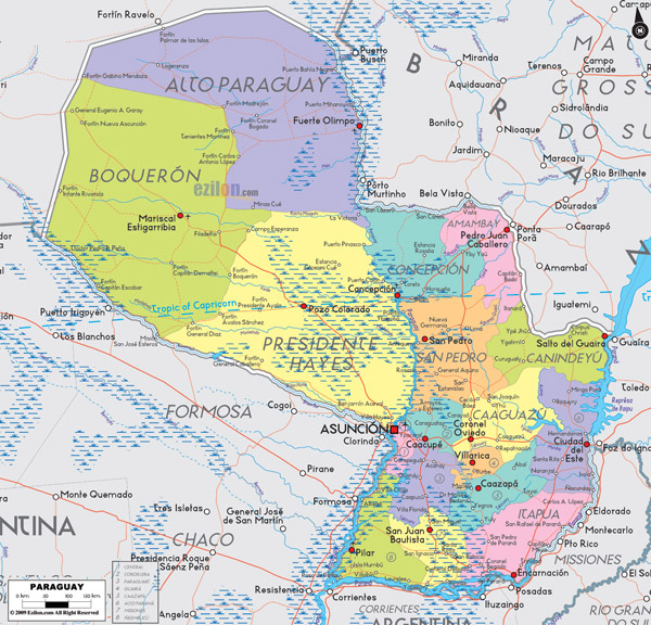 Large detailed administrative and political map of Paraguay with cities and airports.