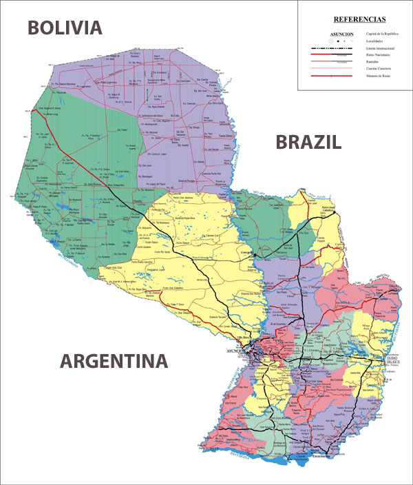 Large detailed administrative and road map of Paraguay.