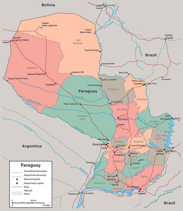 Large detailed administrative map of Paraguay with cities.