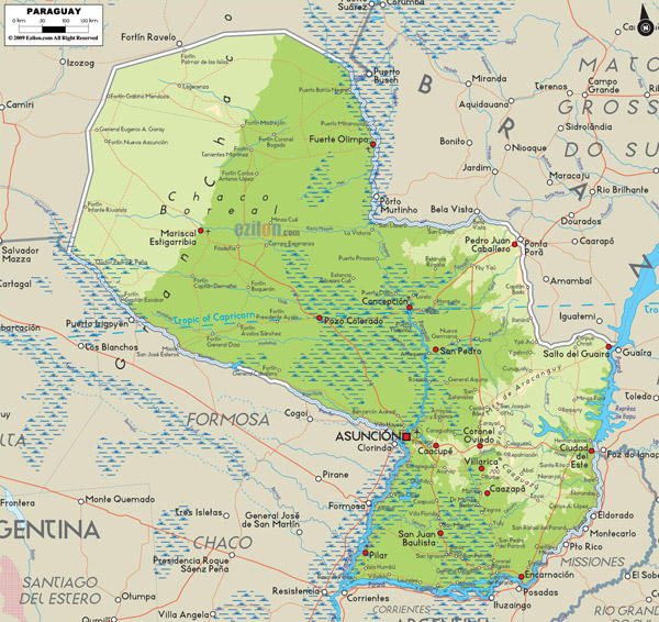 Large detailed physical map of Paraguay with cities.