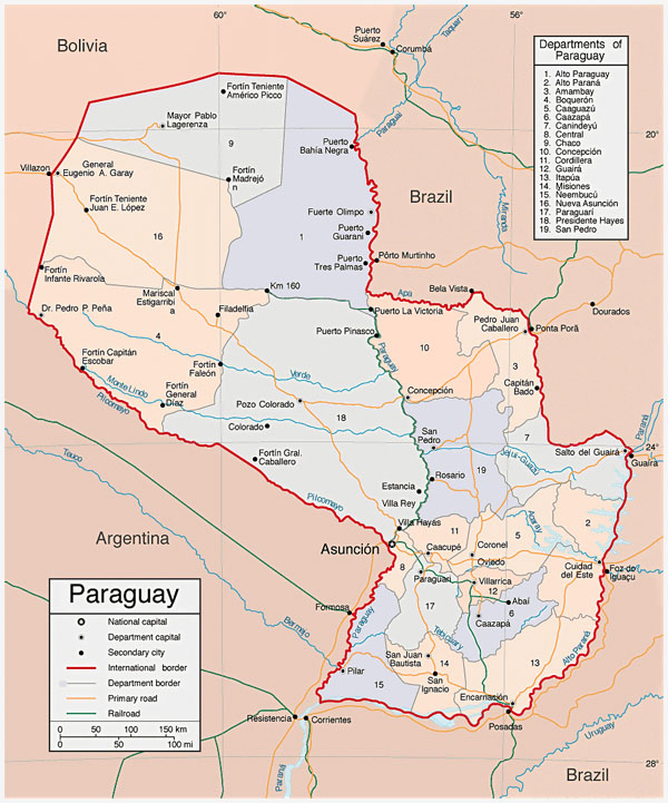 Large detailed political and regions map of Paraguay.