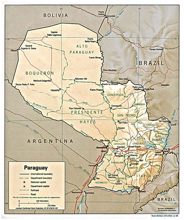 Large detailed relief and political map of Paraguay with all cities.