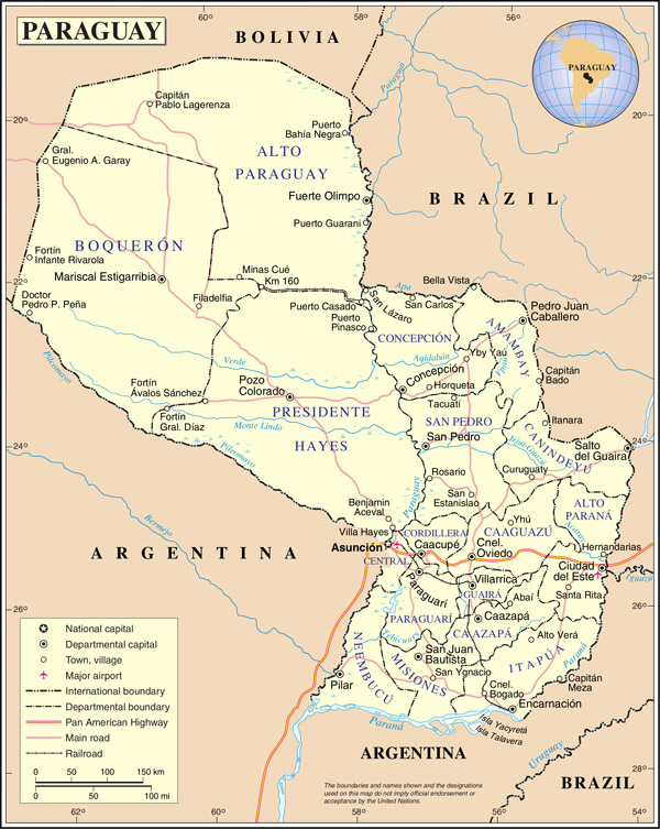 Large detailed road and administrative map of Paraguay.