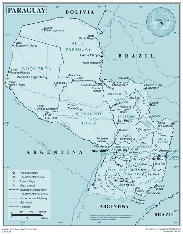 Large detailed road and political map of Paraguay.