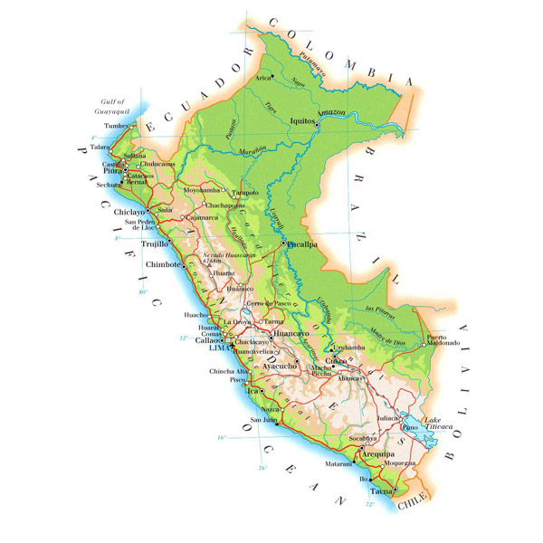 Detailed physical map of Peru with roads and cities.