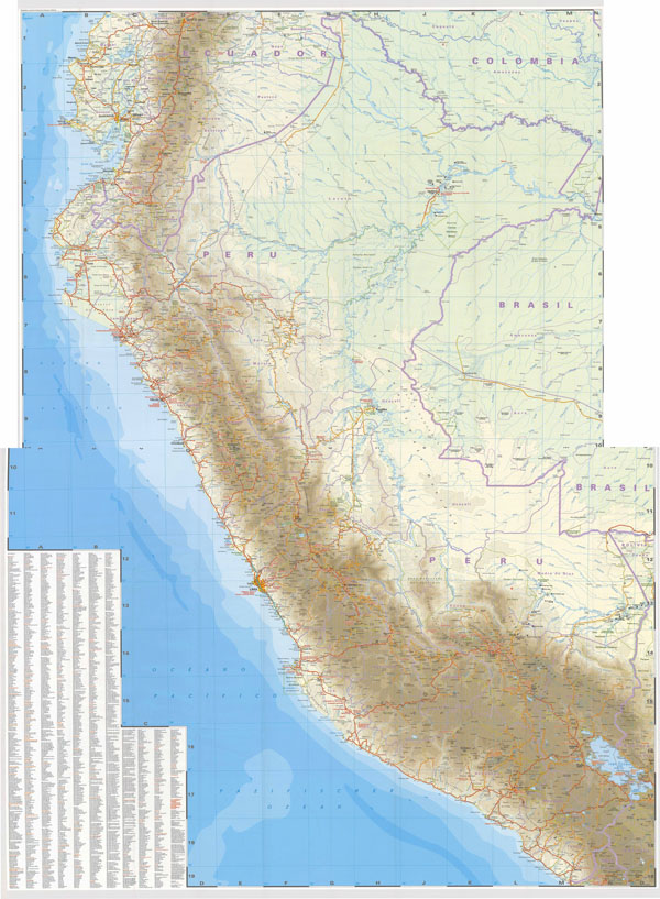 High resolution road map of Peru with all cities.