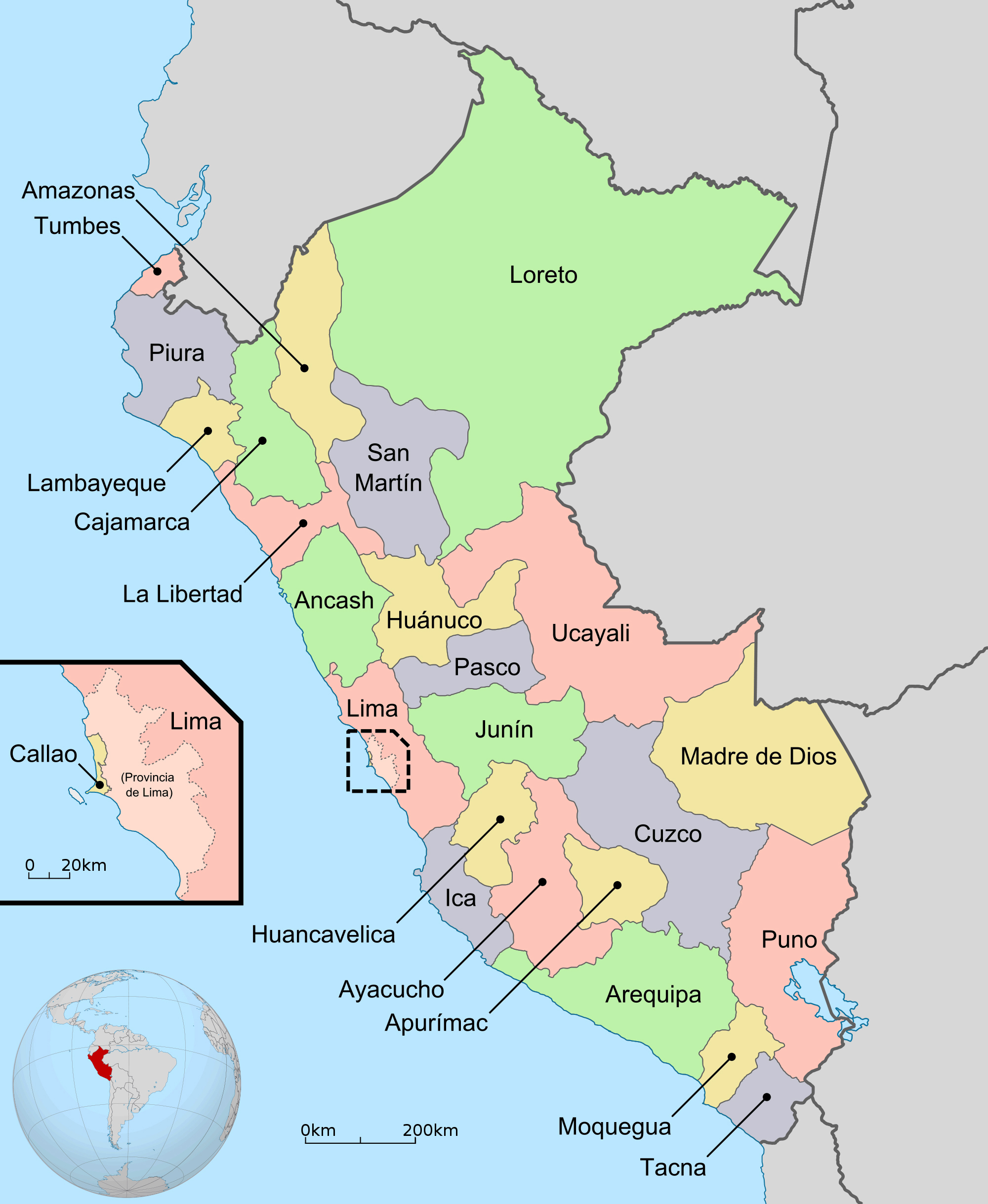 Large detailed regions and departments map of Peru. Peru large detailed