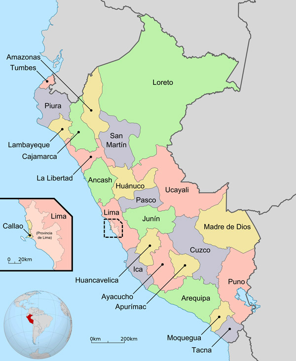 Large detailed regions and departments map of Peru.