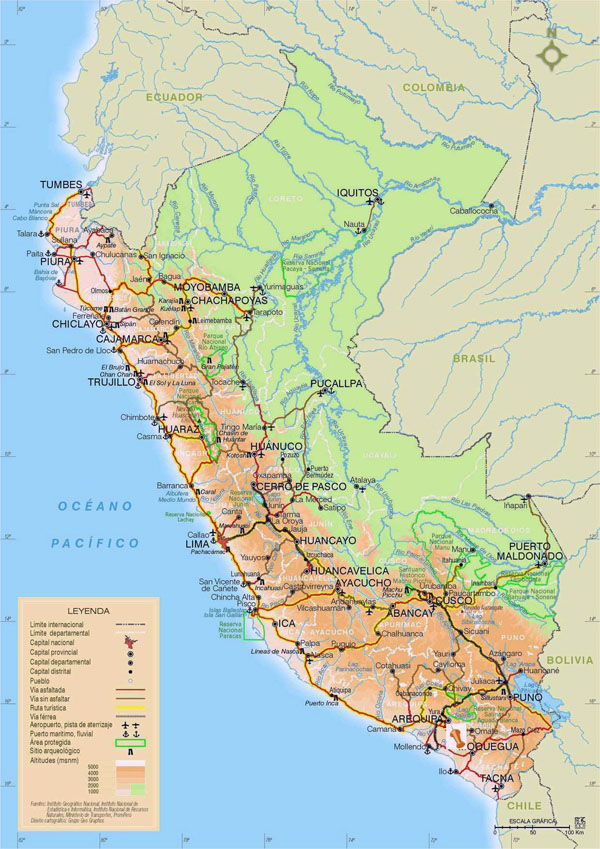 Large detailed road and physical map of Peru with cities.
