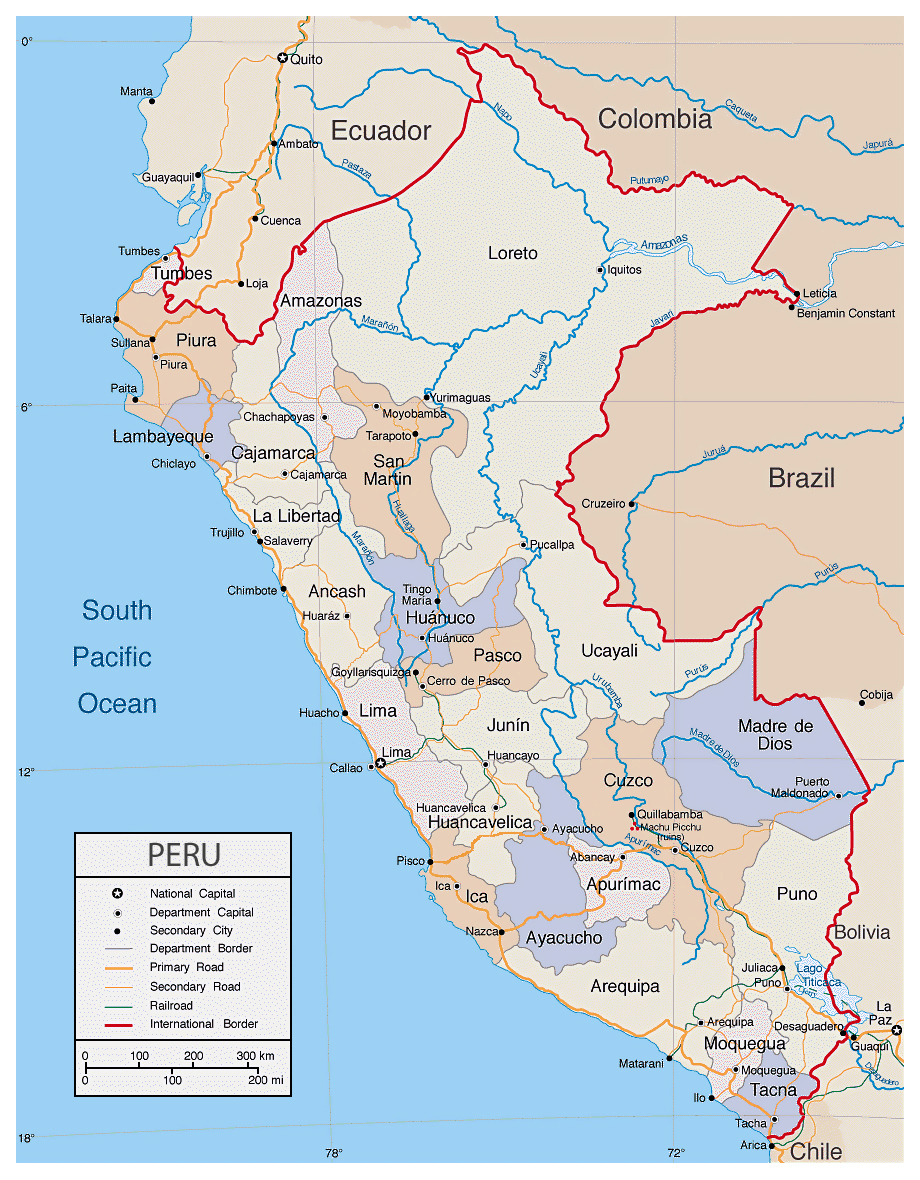 Large Detailed Roads And Political Map Of Peru Peru Large