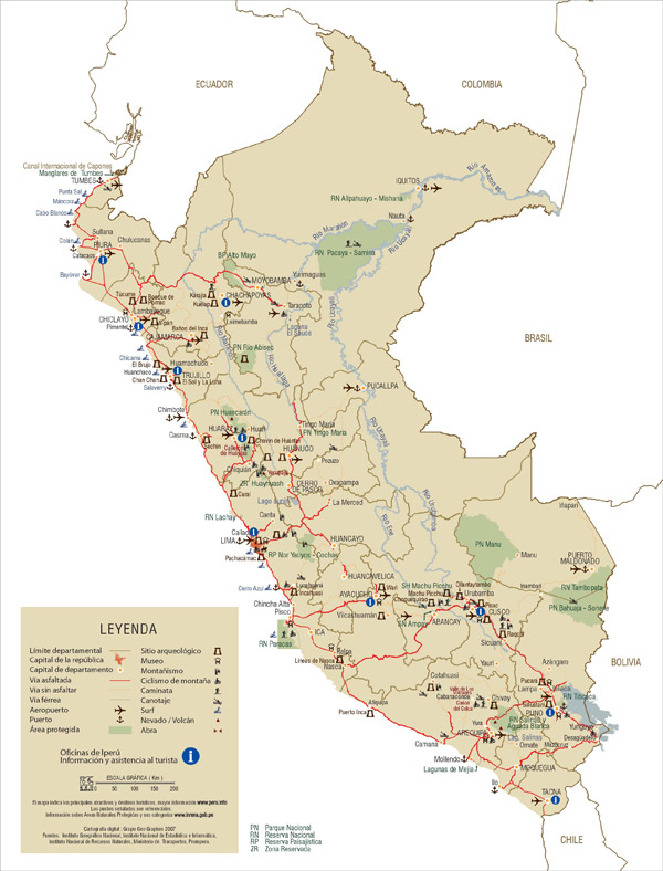 Large detailed tourist map of Peru with roads.