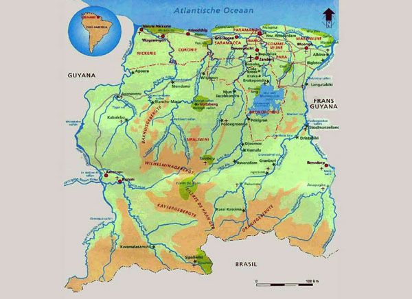 Detailed map of Suriname with cities. Suriname detailed map with cities.