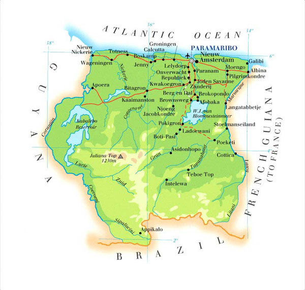 Detailed physical map of Suriname. Suriname detailed physical map.