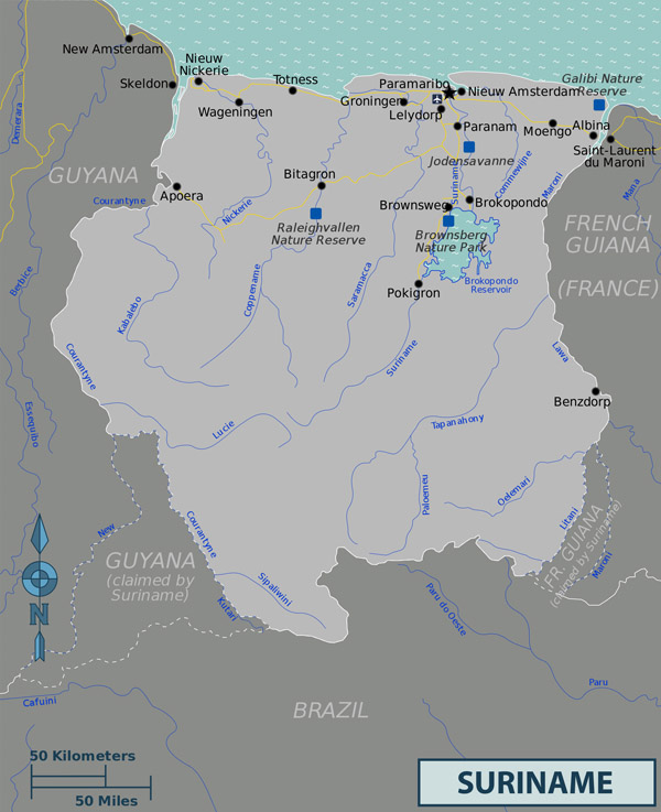 Detailed political map of Suriname with cities.