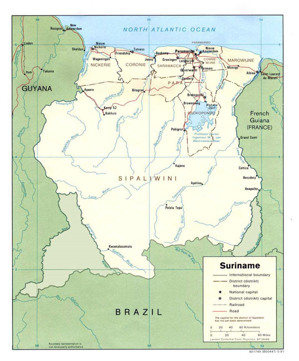 Large detailed administrative and political map of Suriname.