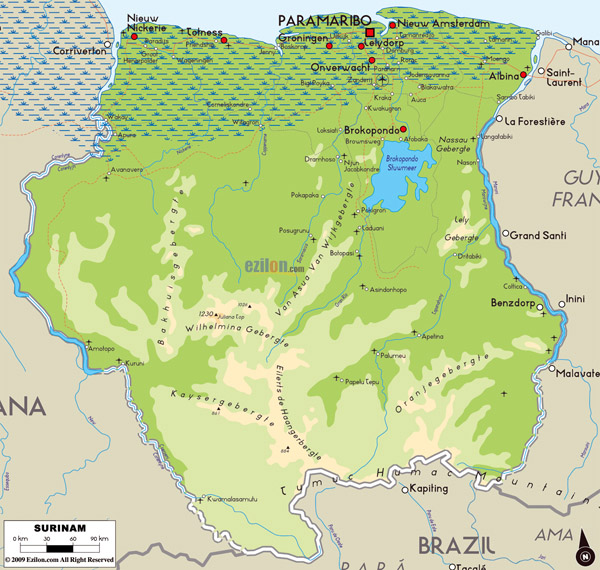 Large detailed physical map of Suriname with all cities.