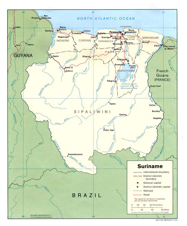 Large detailed political map of Suriname with cities.