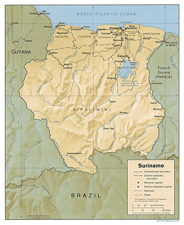 Large detailed relief and political map of Suriname with roads and cities.