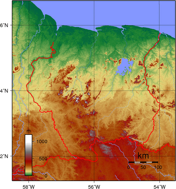 Large detailed topography map of Suriname.