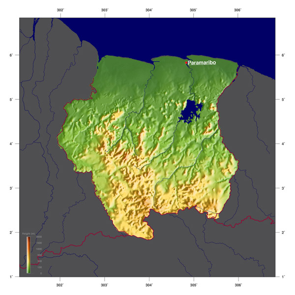 Physical map of Suriname. Suriname physical map.