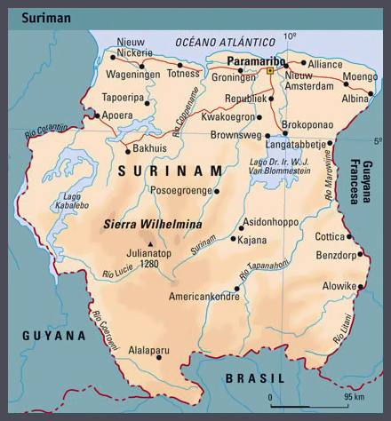 Physical map of Suriname with cities. Suriname physical map with cities.