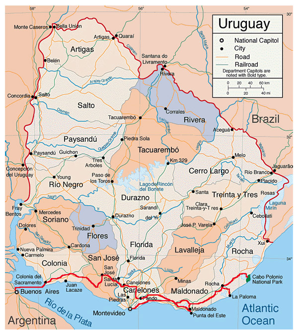 Detailed administrative map of Uruguay with roads.