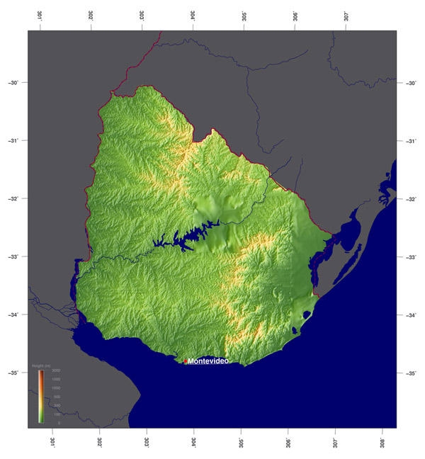 Detailed physical map of Uruguay. Uruguay detailed physical map.