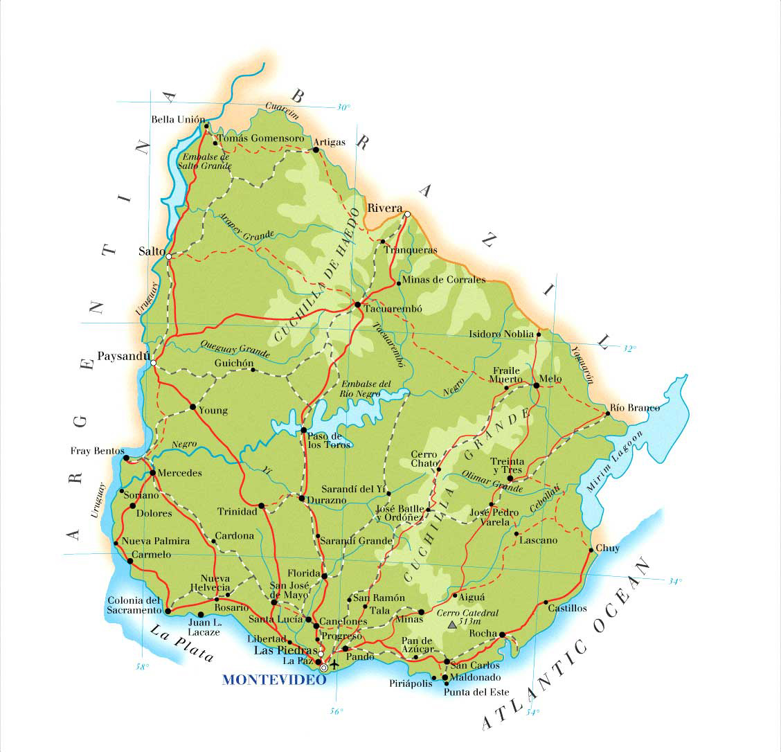 Detailed physical map of Uruguay with roads. Uruguay detailed physical