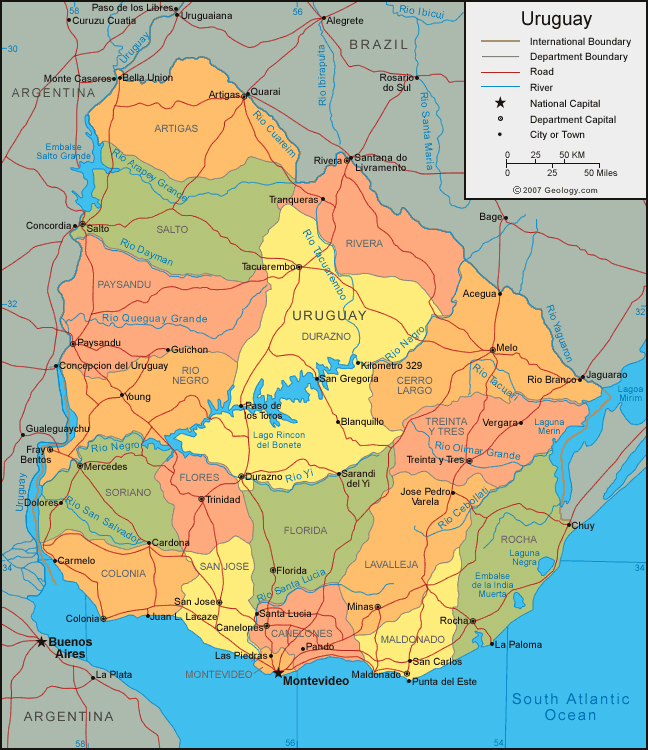 Large detailed administrative map of Uruguay.