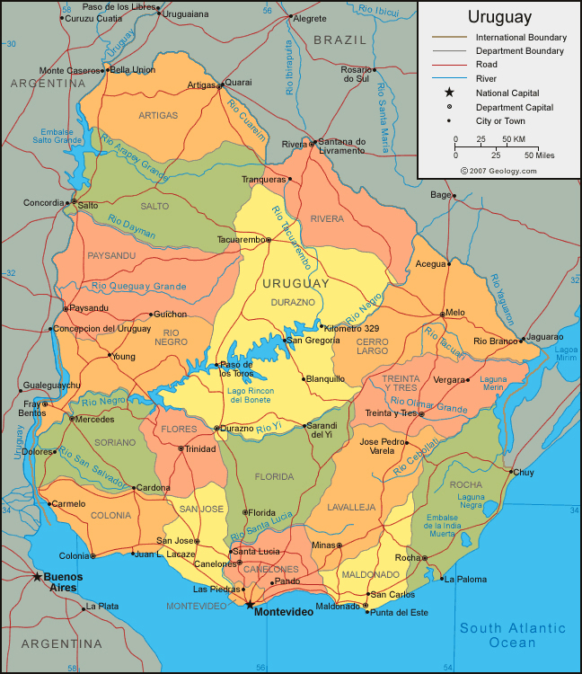 Large detailed administrative map of Uruguay.