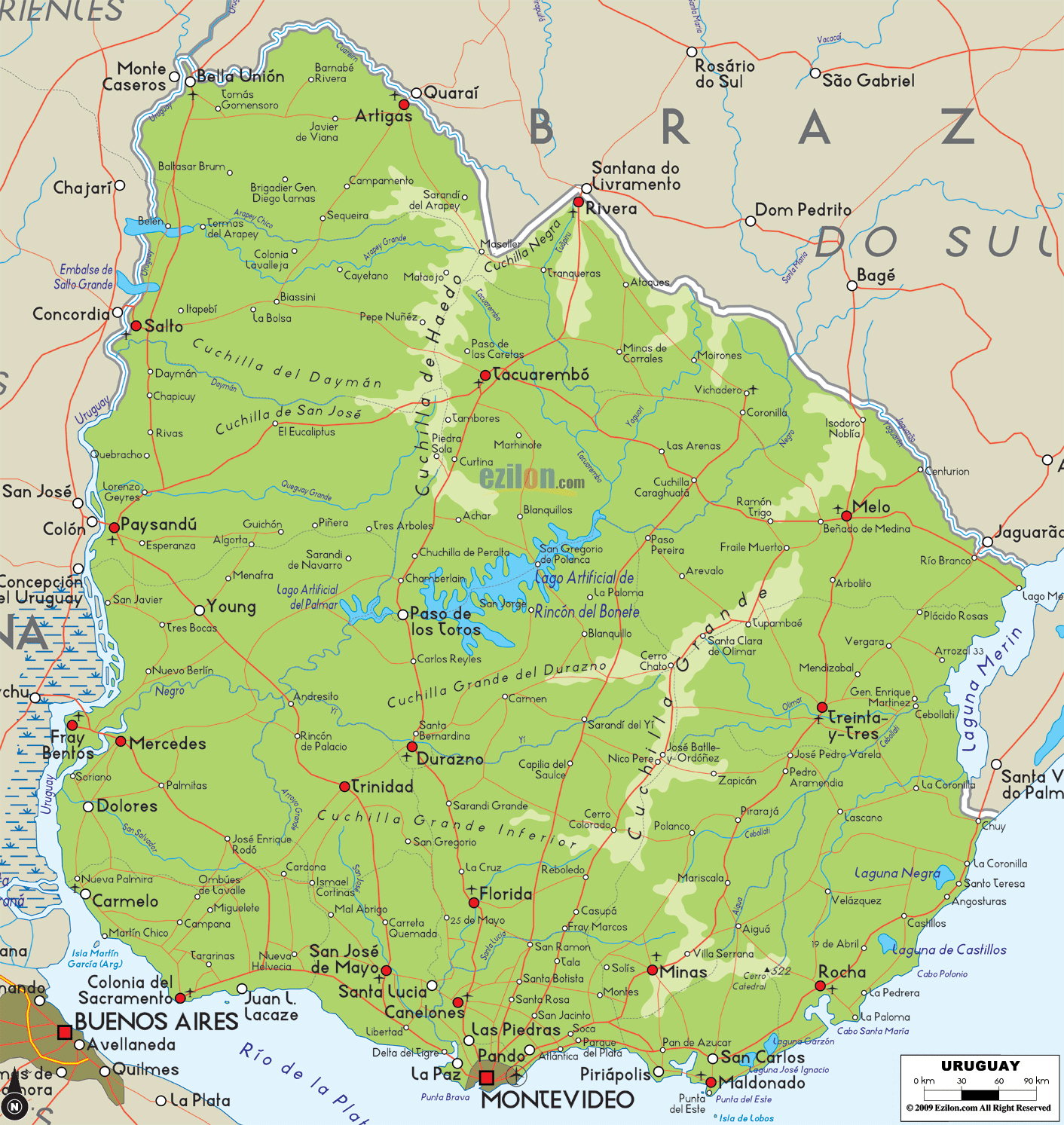 Large detailed physical map of Uruguay with cities and roads. Uruguay