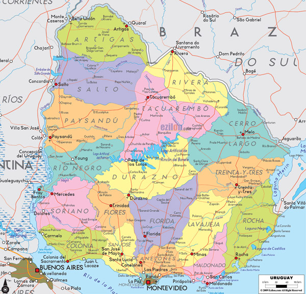 Large detailed political and administrative map of Uruguay.