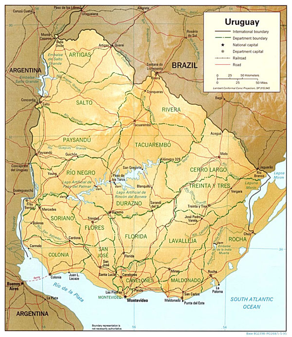 Large detailed relief and political map of Uruguay with roads and cities.