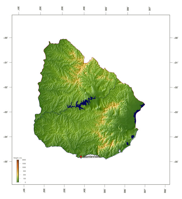 Large detailed relief map of Uruguay. Uruguay large detailed relief map.