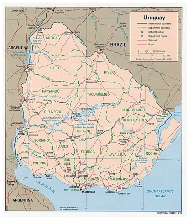 Uruguay detailed administrative and political map.