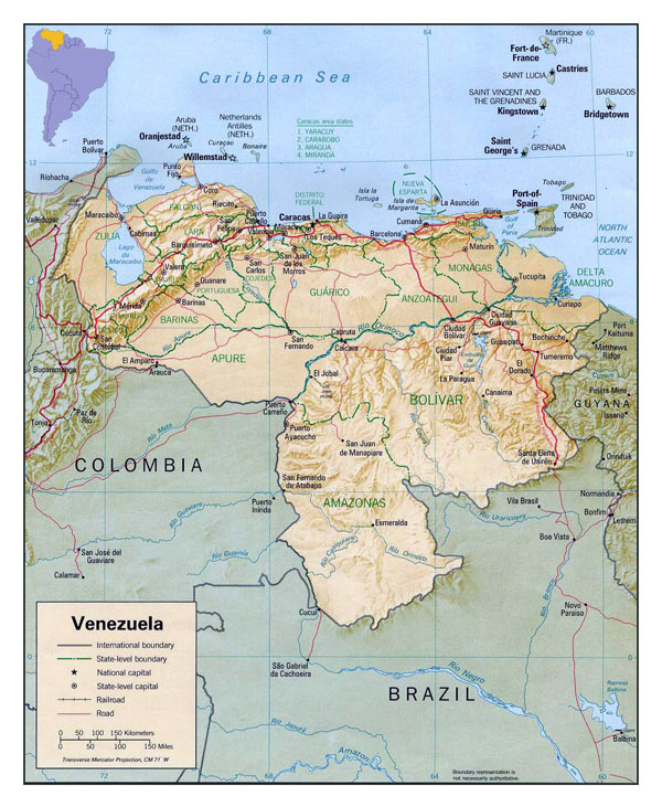 Detailed political and administrative map of Venezuela with relief, roads and cities.