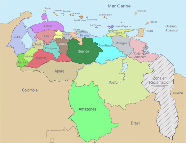 Large administrative divisions map of Venezuela.