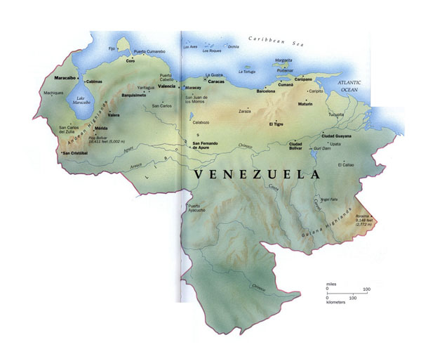 Large detailed map of Venezuela with relief and major cities.