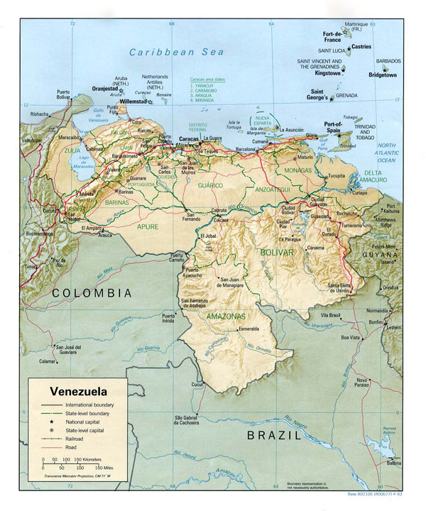 Large detailed relief and political map of Venezuela with cities.