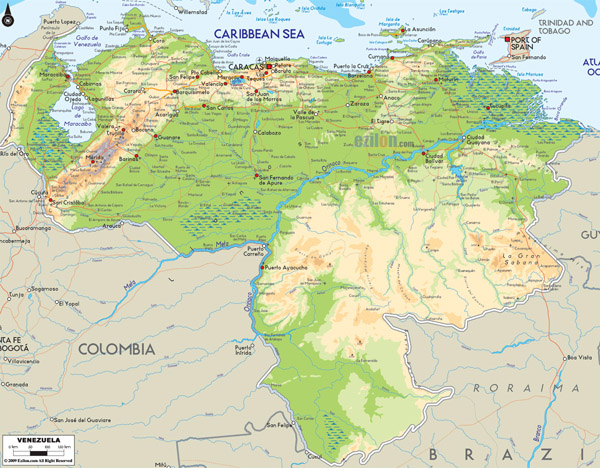 Large detailed Venezuela physical map with cities and roads.