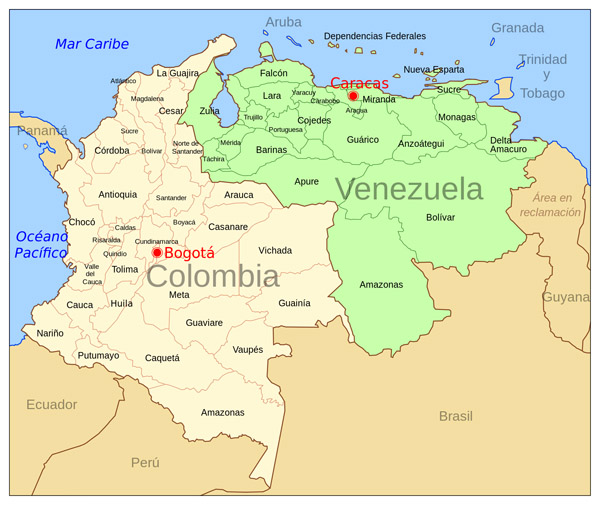 Large political map of Colombia and Venezuela with capitals.