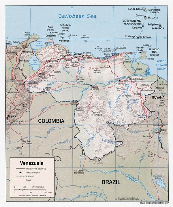Large political map of Venezuela with relief, roads and major cities - 2007.