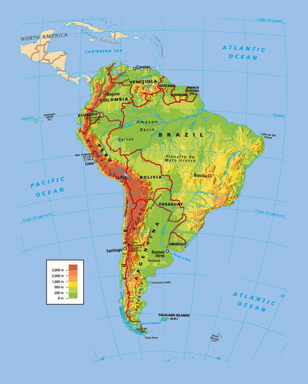 Political and physical map of South America.