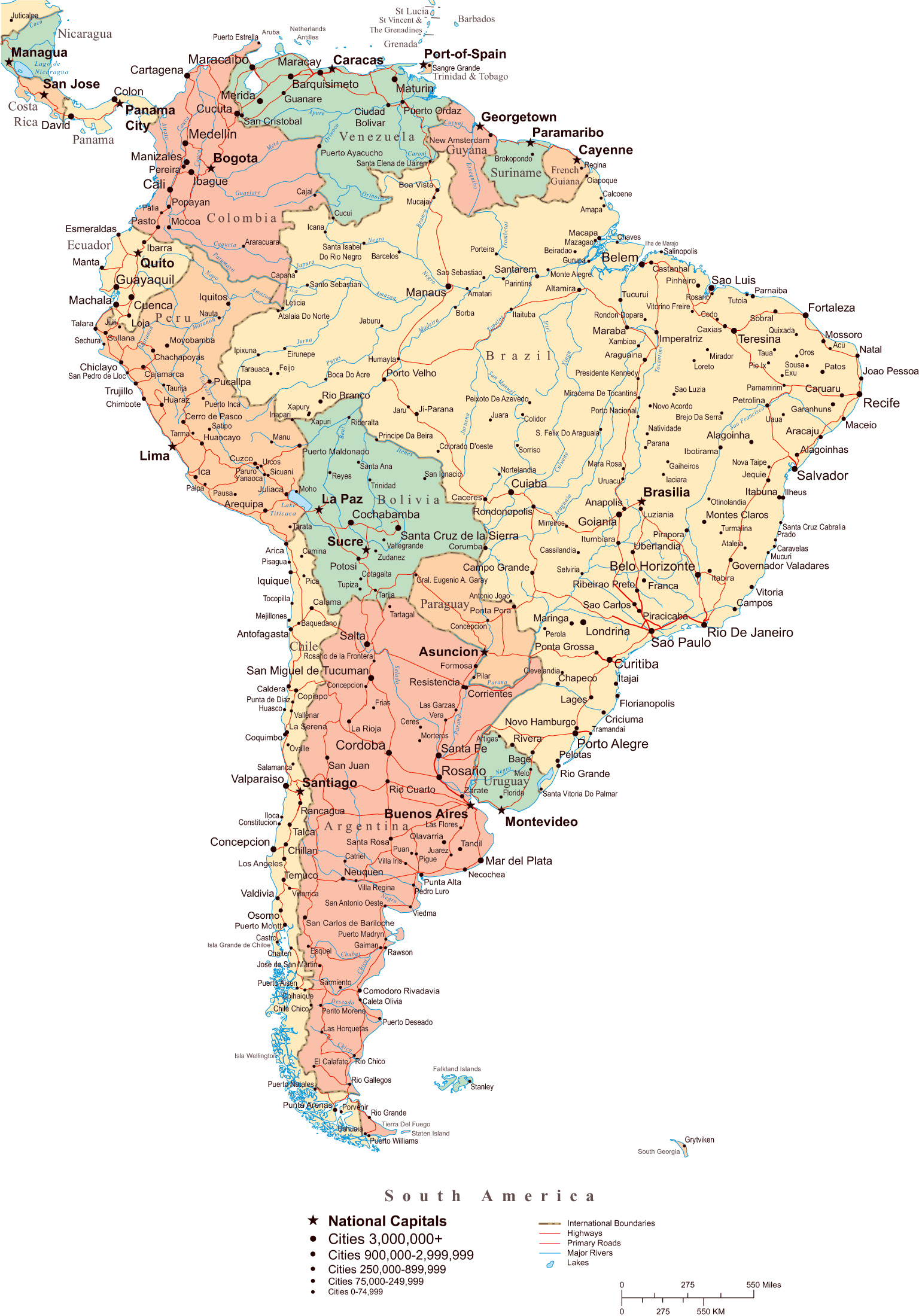 South America large detailed political map with all roads and cities