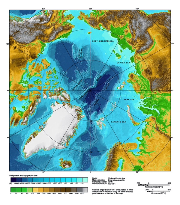Large detailed physical map of Arctic Ocean.