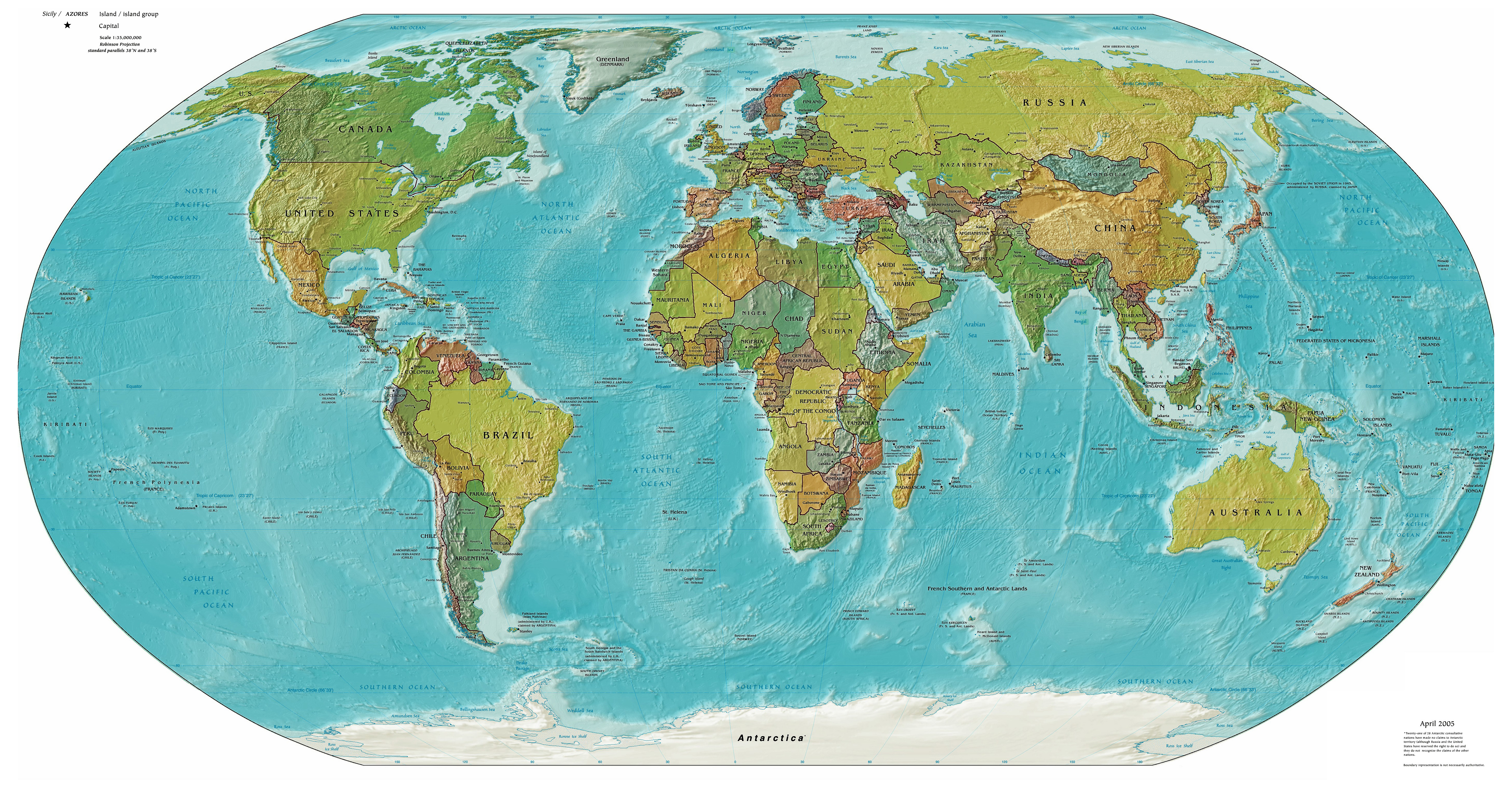 Large detailed political and relief map of the World. World political